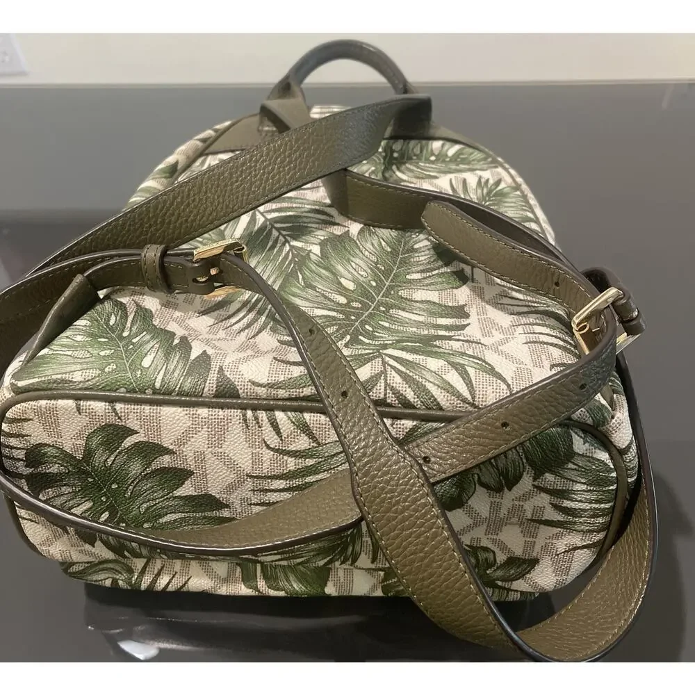 NWT Michael Kors Leather Abbey Vanilla Olive MK Logo Palm Leaf Backpack Rare